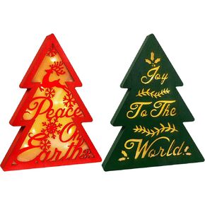 SAILINGSTORY Christmas Table Decor Wooden Christmas Tree with Light and Plaid Set of 2 Pack