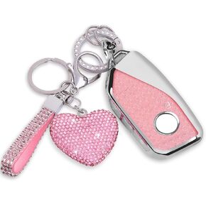 Compatiable with BMW key fob cover with Diamond Bling Keychain, Car Accessories Key holder Shell Compatiable with BMW X1 X2 X3 X5 X6 X7 GT and Series 2 3 4 5 6 7 8,Gold Pink