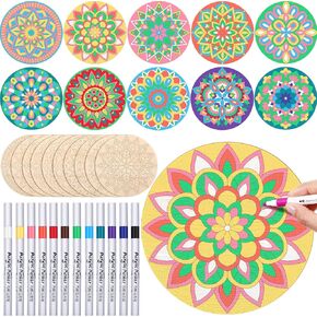 22 Pack DIY Wooden Mandala Set 10 Mandala Unfinished Wood Cutouts 12 Markers Wood Mandalas to Color Wood Mandala Painting Kits for Adults Painting, DIY Crafts Home Decors (Floral Style)