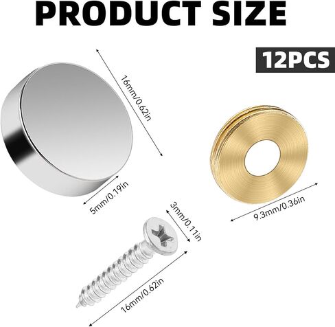 Mirror Screws, 12 PCS Stainless Steel Screw Cover Cap, 0.63"/16mm Diameter Decorative Caps Cover Nails Mirror Screws Fasteners for Bathroom Mirror Panels Kitchen Ceiling Arts Craft Sign Ad Nail Silver in Saudi Arabia