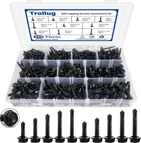 450PCS Self Tapping Screws for Metal, 410 Stainless Steel Self Drilling Screws #8#10 Hex Head Sheet Metal Screws Assortment Kits, Length 1/2"" to 1-1/4'' (Black) in Saudi Arabia