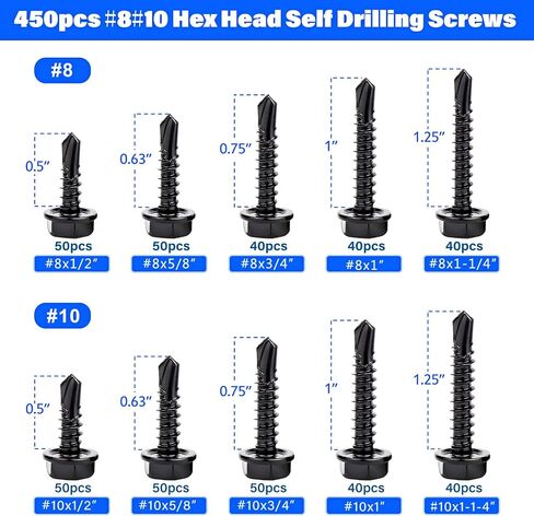 450PCS Self Tapping Screws for Metal, 410 Stainless Steel Self Drilling Screws #8#10 Hex Head Sheet Metal Screws Assortment Kits, Length 1/2"" to 1-1/4'' (Black) in Saudi Arabia