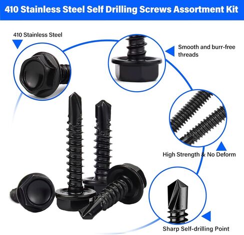450PCS Self Tapping Screws for Metal, 410 Stainless Steel Self Drilling Screws #8#10 Hex Head Sheet Metal Screws Assortment Kits, Length 1/2"" to 1-1/4'' (Black) in Saudi Arabia