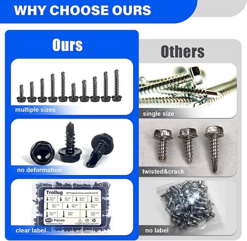 450PCS Self Tapping Screws for Metal, 410 Stainless Steel Self Drilling Screws #8#10 Hex Head Sheet Metal Screws Assortment Kits, Length 1/2"" to 1-1/4'' (Black) in Saudi Arabia