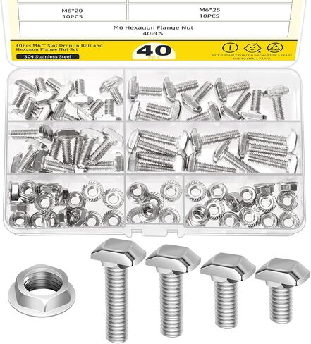 60 Sets M8 T Slot Drop-in Bolt, M8 x 16/20/25/30/35/40mm Hammer Head T-Slot Drop-in Stud Sliding Bolt Screw with Flange Nut for European Standard 40 Series Aluminum Profile in Kuwait