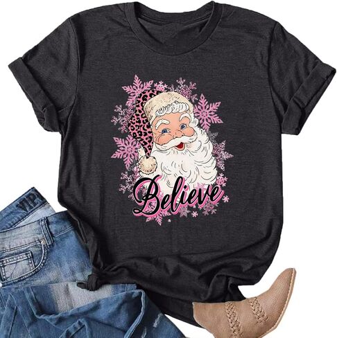 Christmas Believe Shirts for Women Christmas Santa Graphic Print Short Sleeve Xms Holiday Tshirt Top in Saudi Arabia
