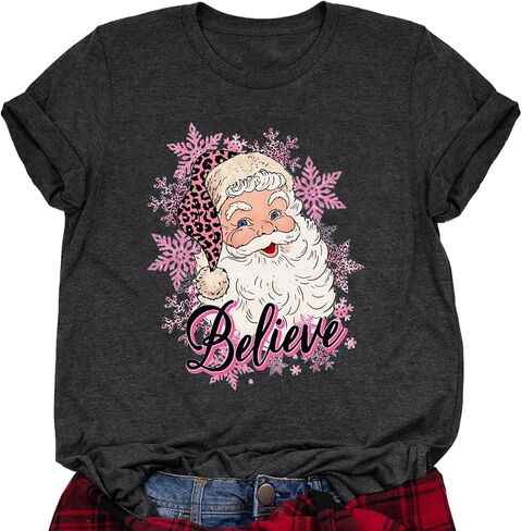 Christmas Believe Shirts for Women Christmas Santa Graphic Print Short Sleeve Xms Holiday Tshirt Top in Saudi Arabia