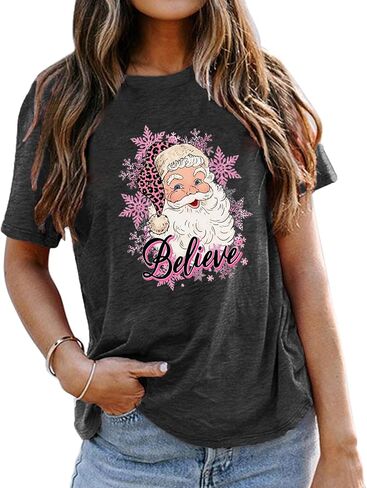 Christmas Believe Shirts for Women Christmas Santa Graphic Print Short Sleeve Xms Holiday Tshirt Top in Saudi Arabia
