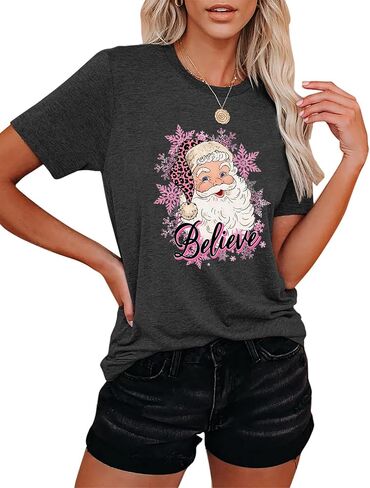 Christmas Believe Shirts for Women Christmas Santa Graphic Print Short Sleeve Xms Holiday Tshirt Top in Saudi Arabia