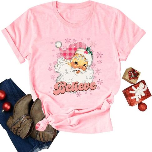 Christmas Believe Shirts for Women Christmas Santa Graphic Print Short Sleeve Xms Holiday Tshirt Top in Saudi Arabia