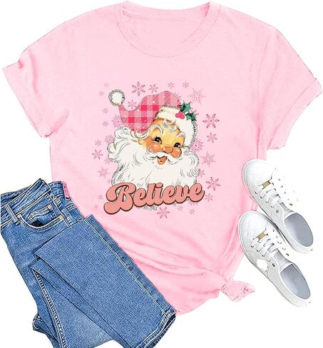 Christmas Believe Shirts for Women Christmas Santa Graphic Print Short Sleeve Xms Holiday Tshirt Top in Saudi Arabia