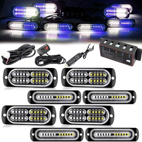 [4+4 قطع 24 LED مزامنة تتميز بمصابيح ستروب للشاحنات، أضواء الطوارئ مع وحدة تحكم، شبكة رفيعة للغاية تحذير وامض ضوء الخطر للشاحنات والسيارات والبناء والمركبات - كهرماني/أبيض in Saudi Arabia