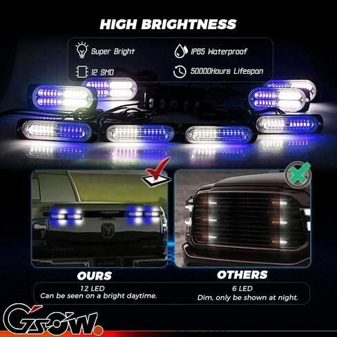 [4+4 قطع 24 LED مزامنة تتميز بمصابيح ستروب للشاحنات، أضواء الطوارئ مع وحدة تحكم، شبكة رفيعة للغاية تحذير وامض ضوء الخطر للشاحنات والسيارات والبناء والمركبات - كهرماني/أبيض in Saudi Arabia