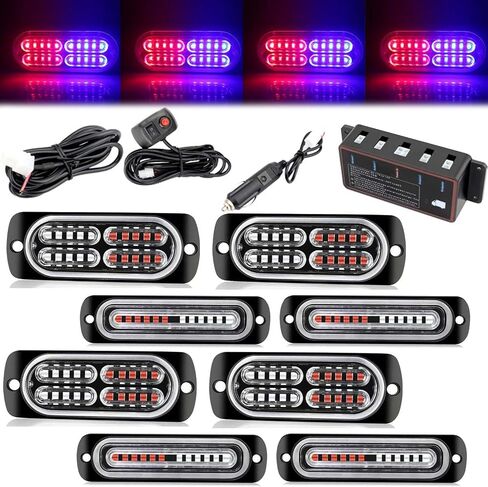 [4+4 قطع 24 LED مزامنة تتميز بمصابيح ستروب للشاحنات، أضواء الطوارئ مع وحدة تحكم، شبكة رفيعة للغاية تحذير وامض ضوء الخطر للشاحنات والسيارات والبناء والمركبات - كهرماني/أبيض in Saudi Arabia