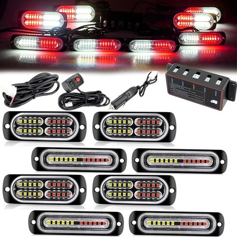 [4+4 قطع 24 LED مزامنة تتميز بمصابيح ستروب للشاحنات، أضواء الطوارئ مع وحدة تحكم، شبكة رفيعة للغاية تحذير وامض ضوء الخطر للشاحنات والسيارات والبناء والمركبات - كهرماني/أبيض in Saudi Arabia