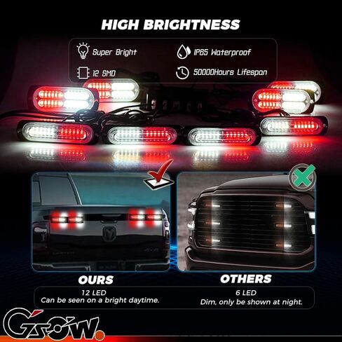 [4+4 قطع 24 LED مزامنة تتميز بمصابيح ستروب للشاحنات، أضواء الطوارئ مع وحدة تحكم، شبكة رفيعة للغاية تحذير وامض ضوء الخطر للشاحنات والسيارات والبناء والمركبات - كهرماني/أبيض in Saudi Arabia