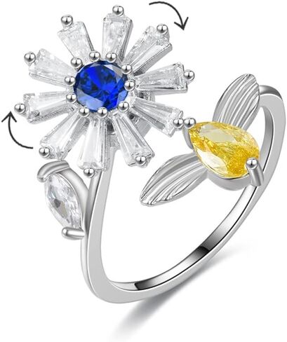 COLORFUL BLING Delicate Silver Cubic Zirconia Daisy Flower Butterfly Fidget Anxiety Rings for Women Adjustable Open Sunflowers Evil Eyes Stress Relief Stackable Rings in Saudi Arabia