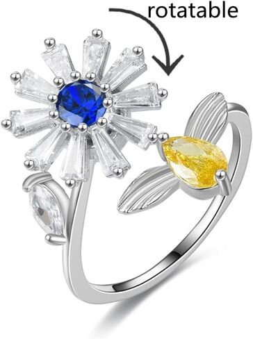 COLORFUL BLING Delicate Silver Cubic Zirconia Daisy Flower Butterfly Fidget Anxiety Rings for Women Adjustable Open Sunflowers Evil Eyes Stress Relief Stackable Rings in Saudi Arabia