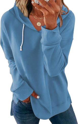 CNFUFEN Women's Loose Hoodie Sweatshirts Casual Long Sleeve Solid Color Fall Sweaters Drawstring Side Slit Pullover Tops in Saudi Arabia