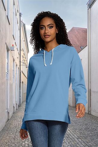 CNFUFEN Women's Loose Hoodie Sweatshirts Casual Long Sleeve Solid Color Fall Sweaters Drawstring Side Slit Pullover Tops in Saudi Arabia