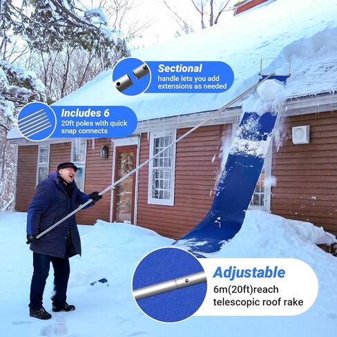 Snow Roof Rake, 20FT Adjustable Aluminum Roof Snow Removal Tool, Two 3'' Wheels & 15FT 420D Oxford Cloth, Sturdy Cutting Frame with Premium Quality Materials, Anti-Slip Handle, Lightweight. in Saudi Arabia