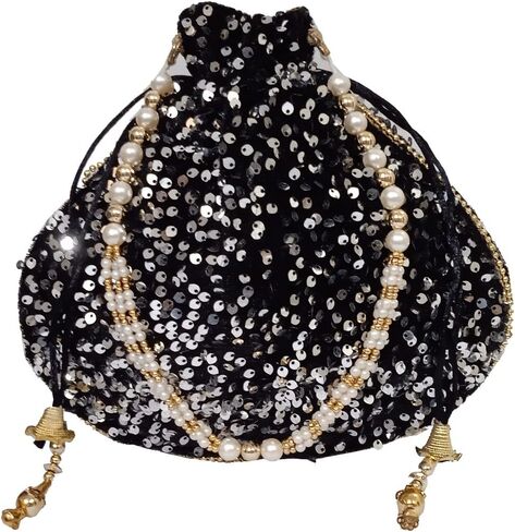 Purpledip Potli Bag (Drawstring Purse): Gold Thread Sequin Embroidery, Golden (10674) in Kuwait