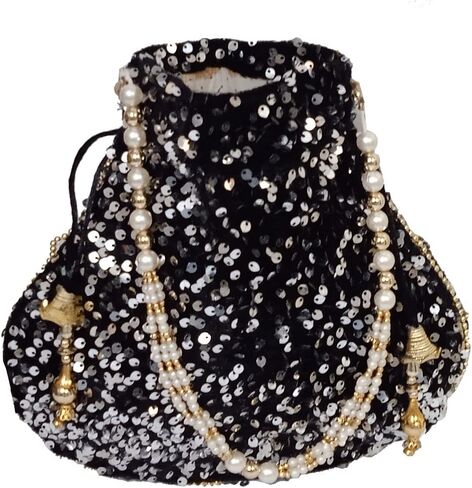 Purpledip Potli Bag (Drawstring Purse): Gold Thread Sequin Embroidery, Golden (10674) in Kuwait
