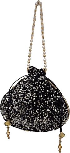Purpledip Potli Bag (Drawstring Purse): Gold Thread Sequin Embroidery, Golden (10674) in Kuwait