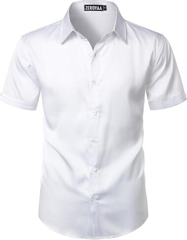 ZEROYAA Men's Hipster Shiny Silk Satin Shirt Short Sleeve Casual Button Down Dress Shirts for Summer Party in Saudi Arabia