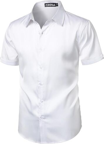 ZEROYAA Men's Hipster Shiny Silk Satin Shirt Short Sleeve Casual Button Down Dress Shirts for Summer Party in Saudi Arabia