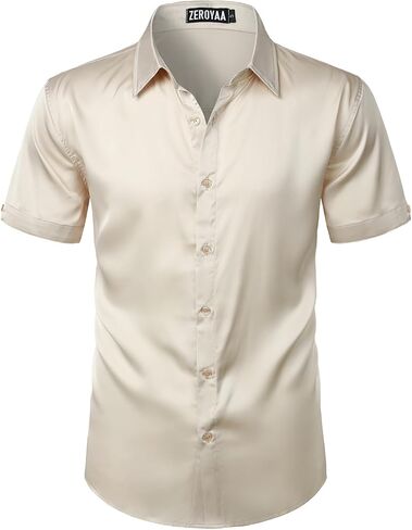 ZEROYAA Men's Hipster Shiny Silk Satin Shirt Short Sleeve Casual Button Down Dress Shirts for Summer Party in Saudi Arabia