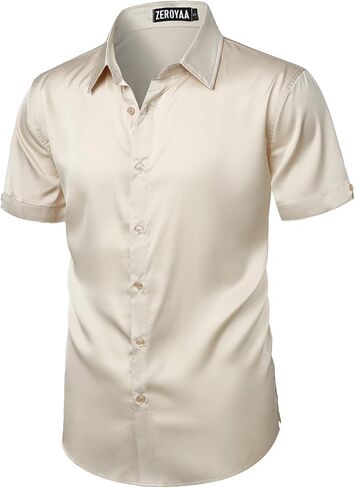 ZEROYAA Men's Hipster Shiny Silk Satin Shirt Short Sleeve Casual Button Down Dress Shirts for Summer Party in Saudi Arabia