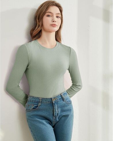 Cotton Long Sleeve T Shirts for Women Ribbed Knit Basic Tops Casual Slim Fitted Tee Tshirts Tight Undershirts in Saudi Arabia