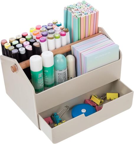 سلة كبيرة محمولة بمقبض، حقيبة تخزين بلاستيكية لتنظيم الأعمال اليدوية مع مقسمة قابلة للتعديل لمستلزمات فن المكياج، والخياطة، وحامل فرشاة رسم قلم رصاص ملون (رمادي) in Kuwait