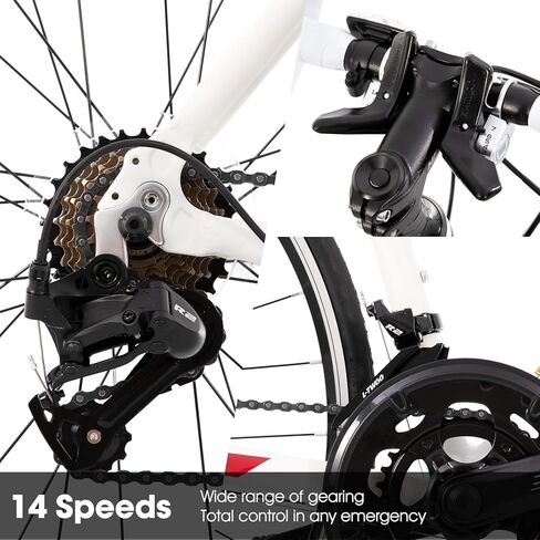 دراجة الطريق HH HILAND 700C، دراجة رياضية ذات 14 سرعة، إطار من الألومنيوم خفيف الوزن، دراجة سباق للرجال والنساء البالغين إطار أبيض 57 سم in Kuwait