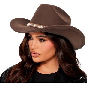 Men Women Retro-Black Western-Cowboy-Hat Bling-Rhinestone-Decor with Eyelets Felt-Cowgirl-Hats Glitter-Rodeo Fedora Hat