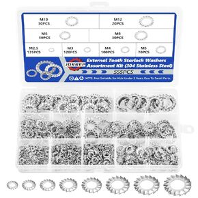 555Pcs Internal Tooth Star Lock Washers, 65Mn Steel Push On Locking Washers, 8 Size Quick Speed Locking Washers Assortment Kit - M2.5/M3/M4/M5/M6/M8/M10/M12 for Machinery Furniture Car Industrial