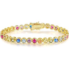 Gemsme 4.0mm Colorful Tennis Link Bracelet, 18K White/Yellow Gold Plated Bezel-Set 4MM Cubic Zirconia Rainbow Tennis Bracelet for Women 6-8.5 Inches