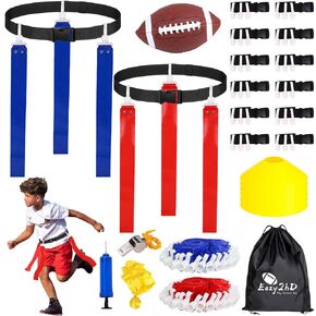 Flag Football Set, 14 Player Adjustable Pop Flag Football Belts with 42 Flags, 6 Cones, Size 3 Football, Penalty Flag, Pump and Carry Bag, Outdoor Games Sport Training Kit for Youth Adult