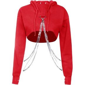 AULKEEP Womens Goth Punk Iron Chain Strap Hooded Crop Tops Cotton Black Hoodie Pullover Sweatshirt