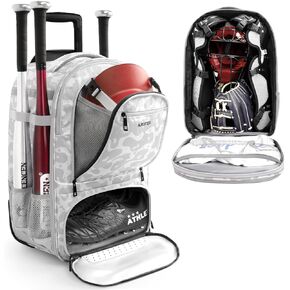 Rolling Baseball Backpack with Off-road Wheels, Wheeled Catchers Gear Bag for Baseball Equipment, 4 Bats, Large Softball Bag for TBall, Helmet & Accessories with Fence Hook