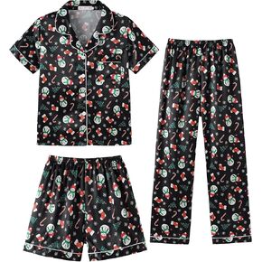 Hupohoi Unisex Girls Boys Kids Pajama Sets Button Down Satin Sleepwear Nighty 3PCS Silky Lounge Sets Nightwear