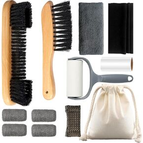 Pool Table Brush Set for Felt, 12 Kit Billiard Table Cleaning Accessories with 2 Wood Brush, 4 Ferrule Polish Cloths, Cue Shaft Cleaner Cloth, Sticky Lint Roller, Storage Bag