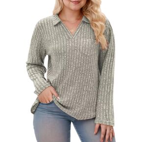 VISLILY Womens-Plus-Size-Tops Collared V Neck Polo Shirts Lightweight Long Sleeve Sweaters Trendy Pocket Decor Tunic Blouses