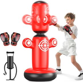 QPAU 360° Rotatable Punching Bag for Kids, Lager 64" Kids Punching Bag with Gloves, Hand Pump & 6 Targets, Bop Bag Inflatable Punching Toy, Karate Gifts for Boys, Girls