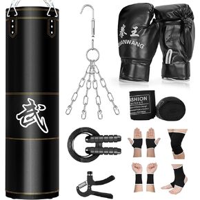 Punching Bag for Adults, 4FT Heavy Boxing Bag Set, Punching Bag with 12OZ Boxing Gloves, Chains, Hand Wraps, etc. Boxing Training Equipment Set Suitable for MMA Karate Kickboxing Boxing - Unfilled