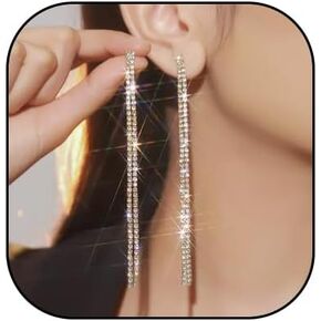 HUJUON Elegant Long Rhinestone Chain Earrings. Punk Double Strand Tassel Line Earrings Minimalism Crystal Drop Earrings for Women Wedding Jewelry