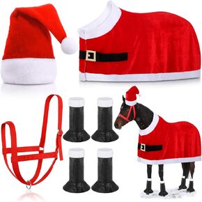 Paterr 7 Pcs Christmas Horse Accessory Xmas Santa Elf Horse Cape Halters Leg Wraps Hat Set Christmas Horse Tack for Xmas Horse Costume Accessories