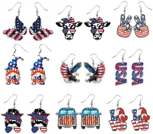 9 Pairs 4th of July Patriotic Earrings Set Cute Gnome Heart Star American Flags Animals Independence Day Acrylic Drop Dangle Earrings Memorial Day Holiday Jewelry Gifts in Saudi Arabia