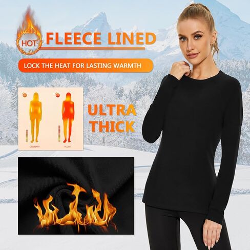 WOWENY Thermal Shirts for Women Base Layer Soft Fleece Lined Long Sleeve Top Thermal Underwear Winter Cold Weather in Kuwait